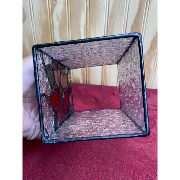 Stained Glass Poinsettia Candle Cover Votive Handcrafted 8" x 3.75" x 3.5" - Picture 6 of 13